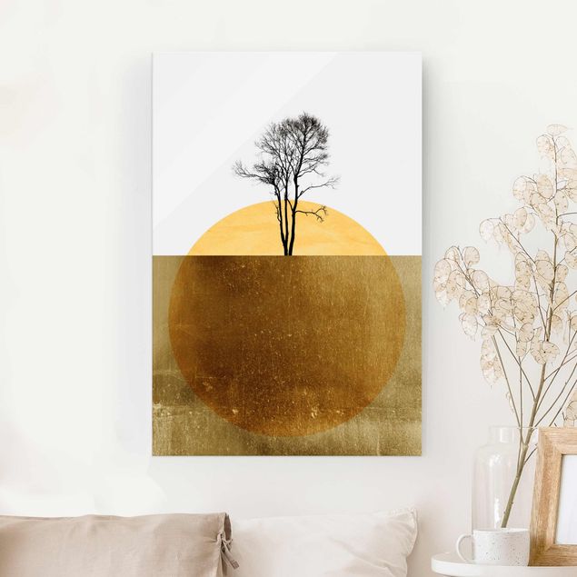 Magnettafel Glas Goldene Sonne mit Baum