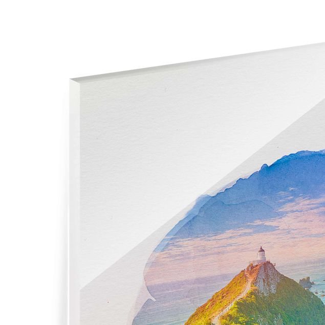 Glasbild - Wasserfarben - Nugget Point Leuchtturm und Meer Neuseeland - Hochformat 4:3