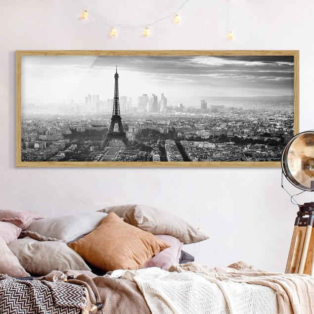 Bild mit Rahmen - Der Eiffelturm von Oben Schwarz-weiß - Panorama Querformat