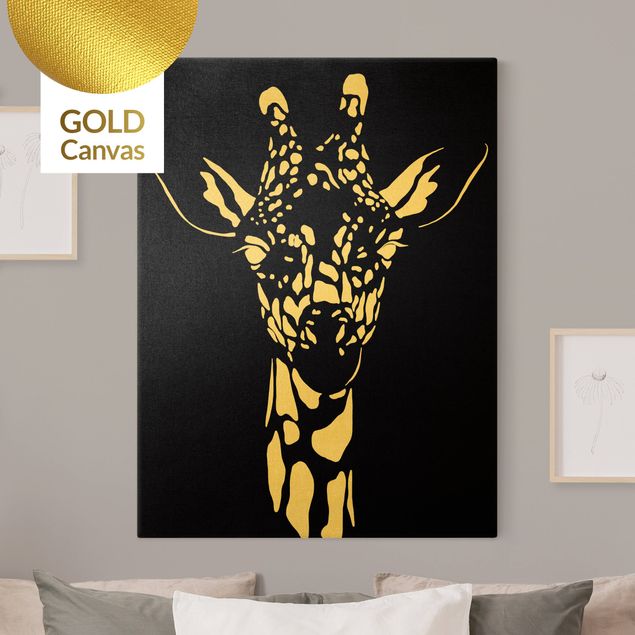 Leinwandbild Gold - Safari Tiere - Portrait Giraffe Schwarz - Hochformat 4:3