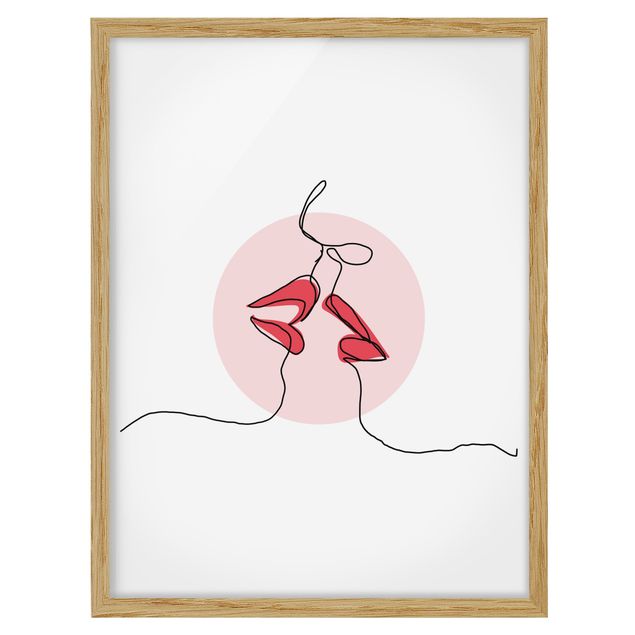 Bild mit Rahmen - Lippen Kuss Line Art - Hochformat 4:3