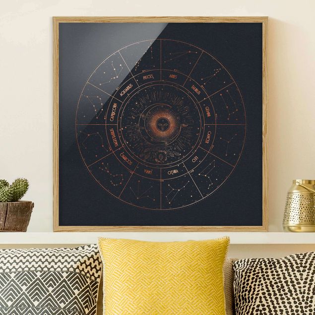Bild mit Rahmen - Astrologie Die 12 Sternzeichen Blau Gold - Quadrat 1:1