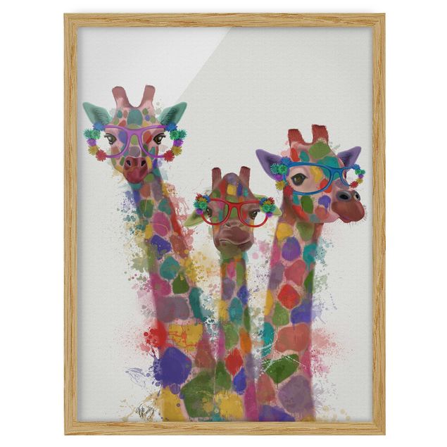 Bild mit Rahmen - Regenbogen Splash Giraffen-Trio - Hochformat 4:3
