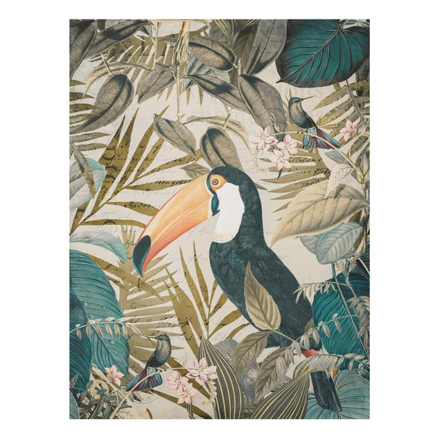 Glasbild - Vintage Collage - Tukan im Dschungel - Hochformat 4:3