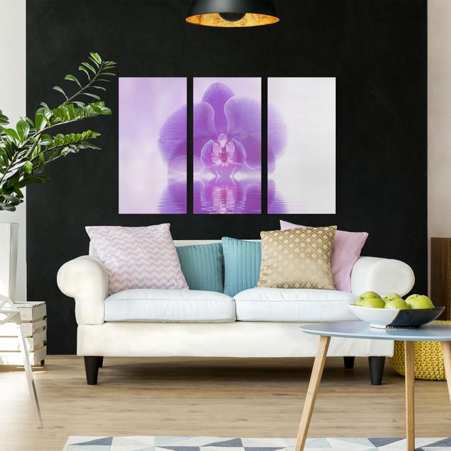 Leinwandbild 3-teilig - Lila Orchidee auf Wasser - Hoch 1:2