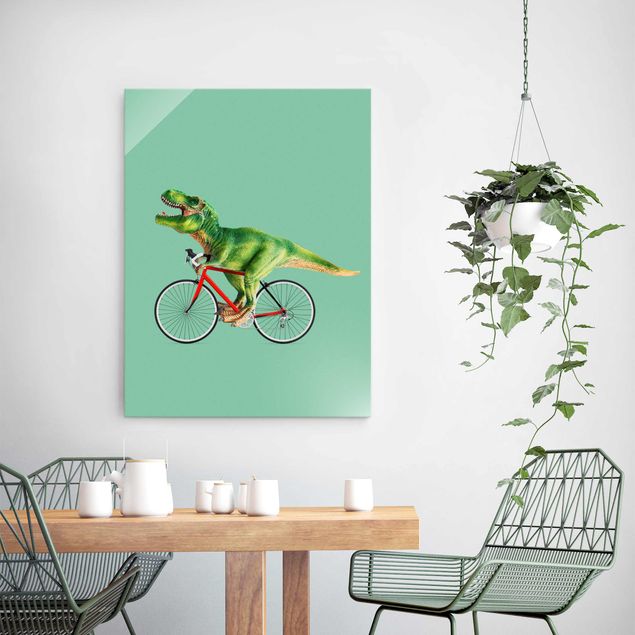 Glas Magnettafel Dinosaurier mit Fahrrad