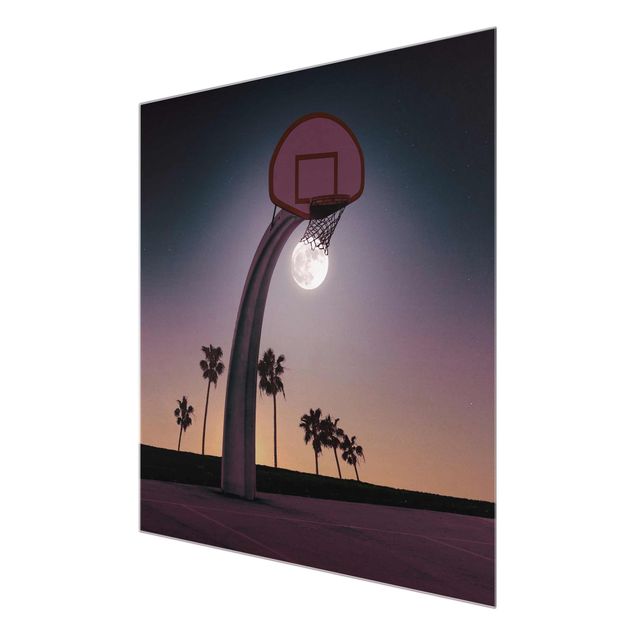 Glasbild - Jonas Loose - Basketball mit Mond - Quadrat 1:1