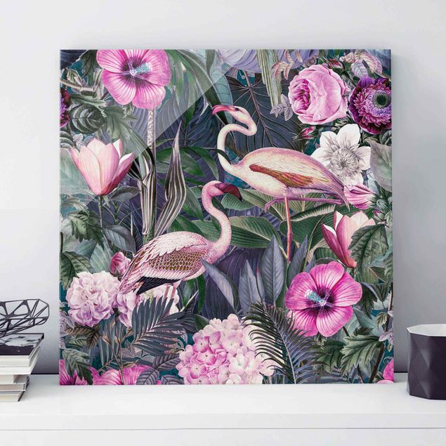 Magnettafel Glas Bunte Collage - Pinke Flamingos im Dschungel