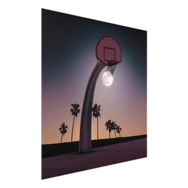 Glasbild - Jonas Loose - Basketball mit Mond - Quadrat 1:1