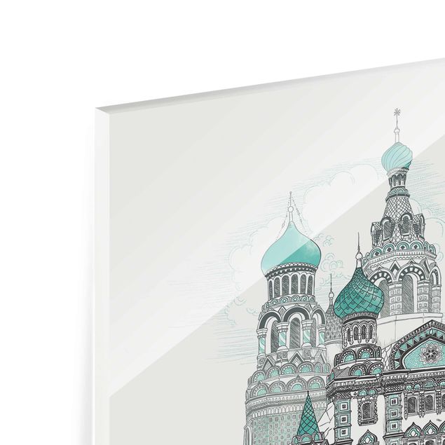 Glasbild - Illustration Kirche mit Kuppeln und Wal - Hochformat 4:3