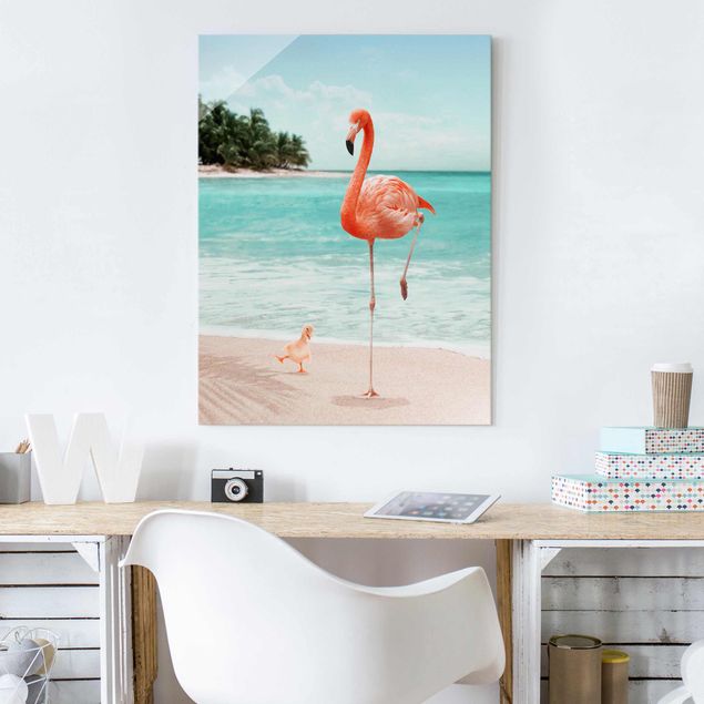 Magnettafel Glas Strand mit Flamingo