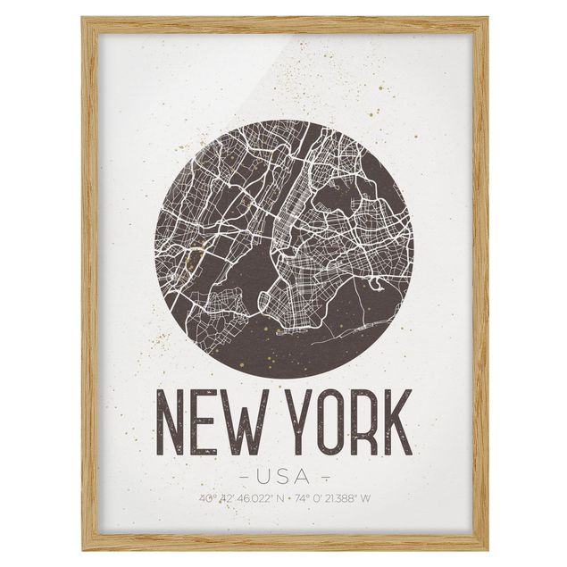 Bild mit Rahmen - Stadtplan New York - Retro - Hochformat 3:4