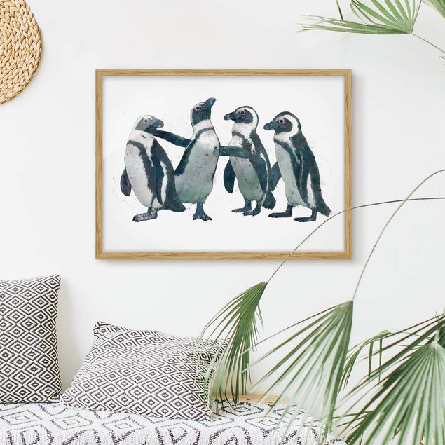 Bild mit Rahmen - Illustration Pinguine Schwarz Weiß Aquarell - Querformat 3:4