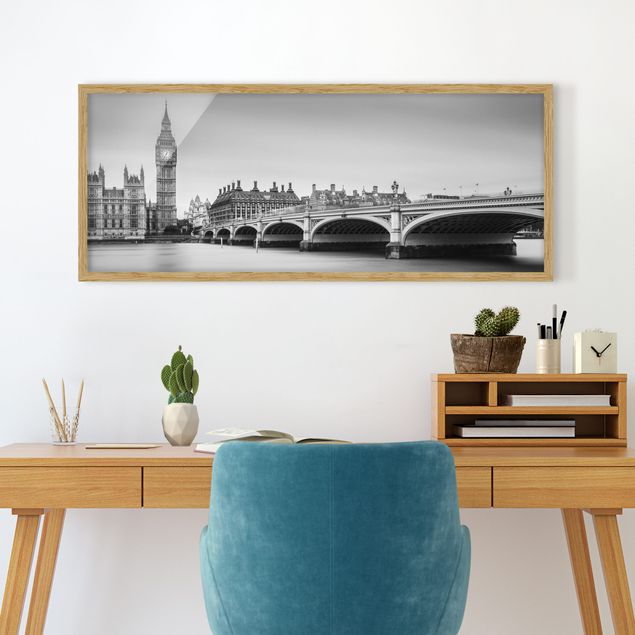 Bild mit Rahmen - Westminster Brücke und Big Ben - Panorama Querformat