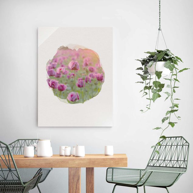 Glas Magnettafel Wasserfarben - Violette Schlafmohn Blumenwiese im Frühling
