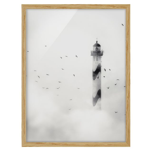 Bild mit Rahmen - Leuchtturm im Nebel - Hochformat 3:4