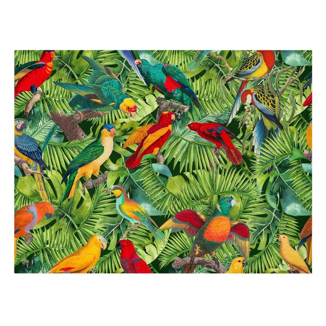Leinwandbild - Bunte Collage - Papageien im Dschungel - Querformat 3:4