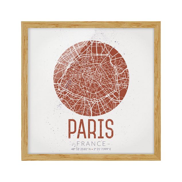 Bild mit Rahmen - Stadtplan Paris - Retro - Quadrat 1:1