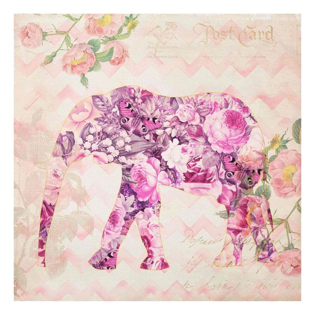 Glasbild - Vintage Collage - Rosa Blüten Elefant - Quadrat 1:1