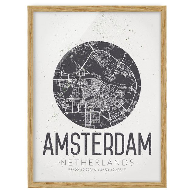 Bild mit Rahmen - Stadtplan Amsterdam - Retro - Hochformat 3:4