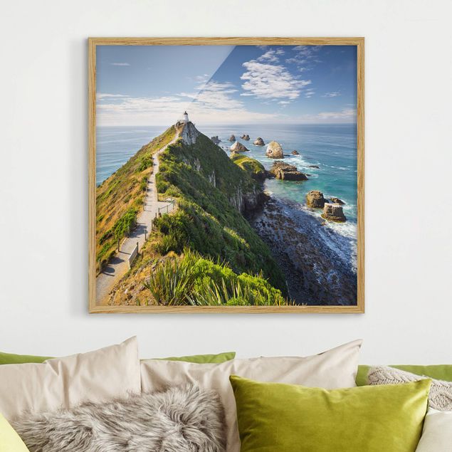 Bild mit Rahmen - Nugget Point Leuchtturm und Meer Neuseeland - Quadrat 1:1