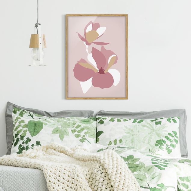 Bild mit Rahmen - Line Art Blüten Pastell Rosa - Hochformat 4:3