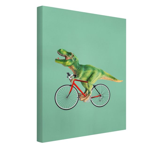 Leinwandbild - Jonas Loose - Dinosaurier mit Fahrrad - Hochformat 4:3