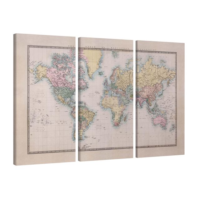 Leinwandbild 3-teilig - Vintage Weltkarte um 1850 - Hoch 1:2