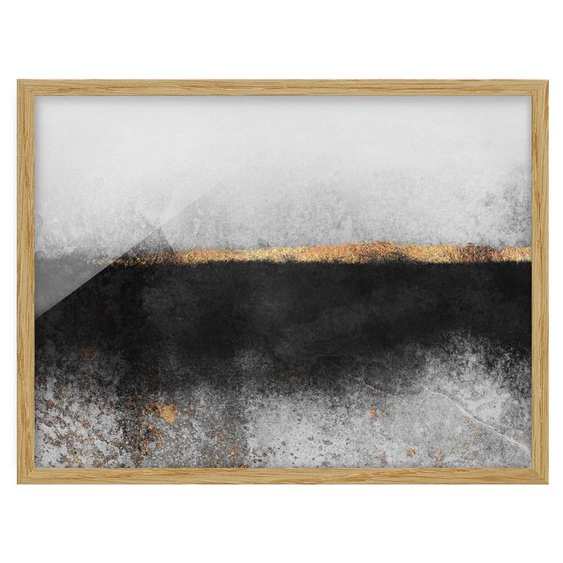 Bild mit Rahmen - Abstrakter Goldener Horizont Schwarz Weiß - Querformat 3:4