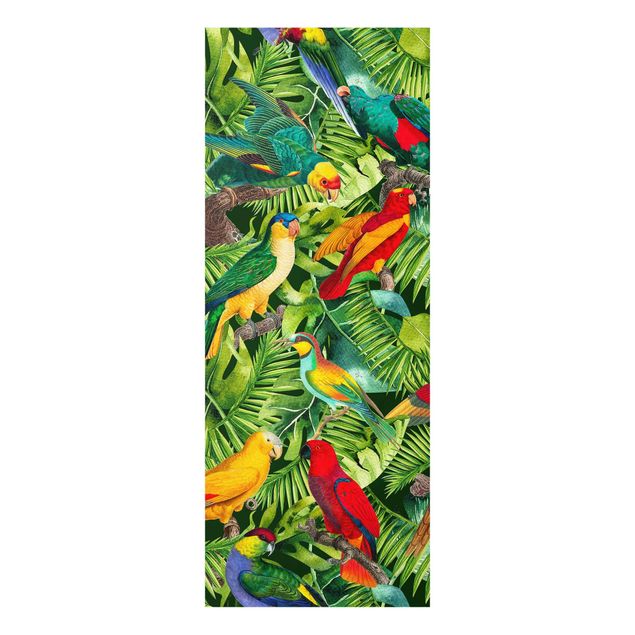 Glasbild - Bunte Collage - Papageien im Dschungel - Panel