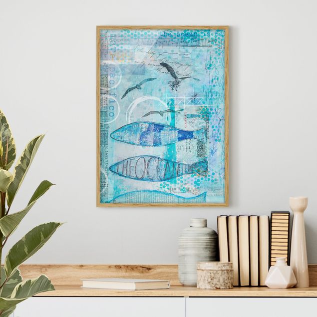 Bild mit Rahmen - Bunte Collage - Blaue Fische - Hochformat 4:3