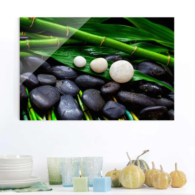 Glas Magnetboard Grüner Bambus mit Zen Steinen