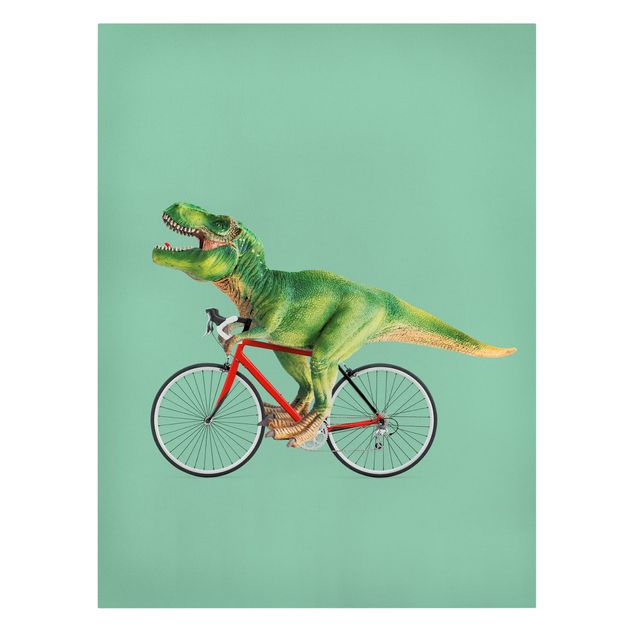 Leinwandbild - Jonas Loose - Dinosaurier mit Fahrrad - Hochformat 4:3