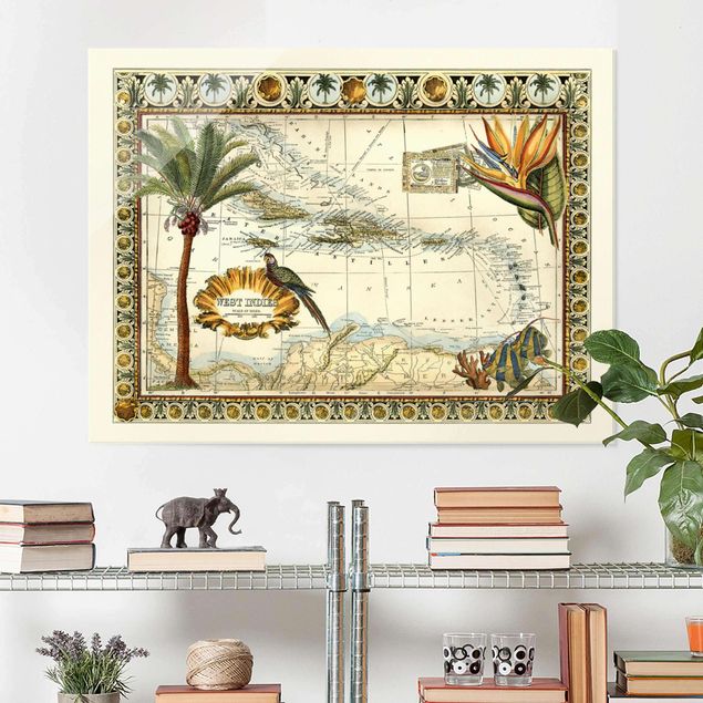 Glasbild - Vintage Tropische Landkarte West Indien - Querformat 3:4
