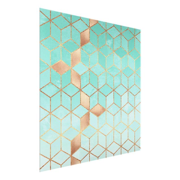 Glasbild - Türkis Weiß goldene Geometrie - Quadrat 1:1