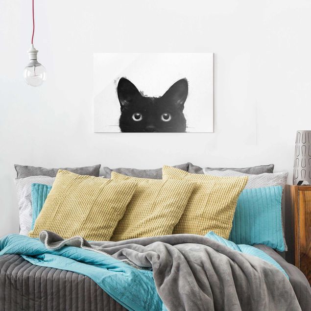 Magnettafel Glas Illustration Schwarze Katze auf Weiß Malerei