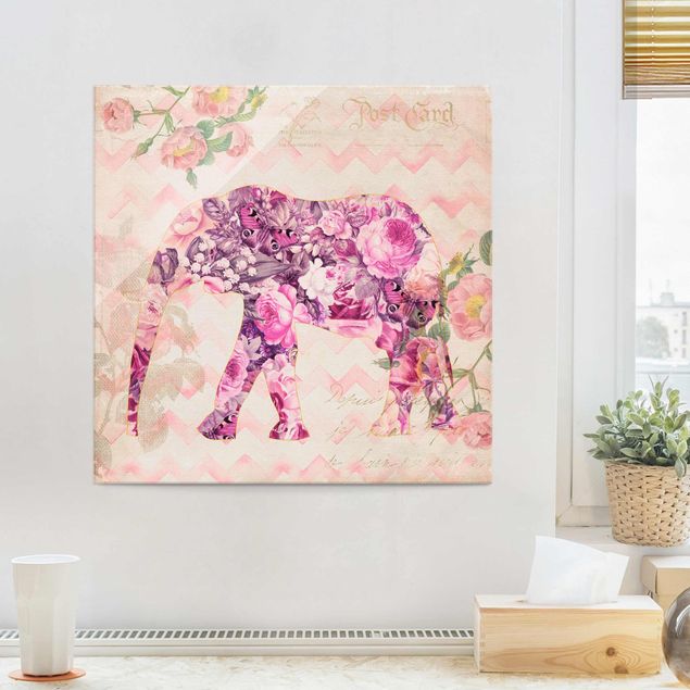 Magnettafel Glas Vintage Collage - Rosa Blüten Elefant