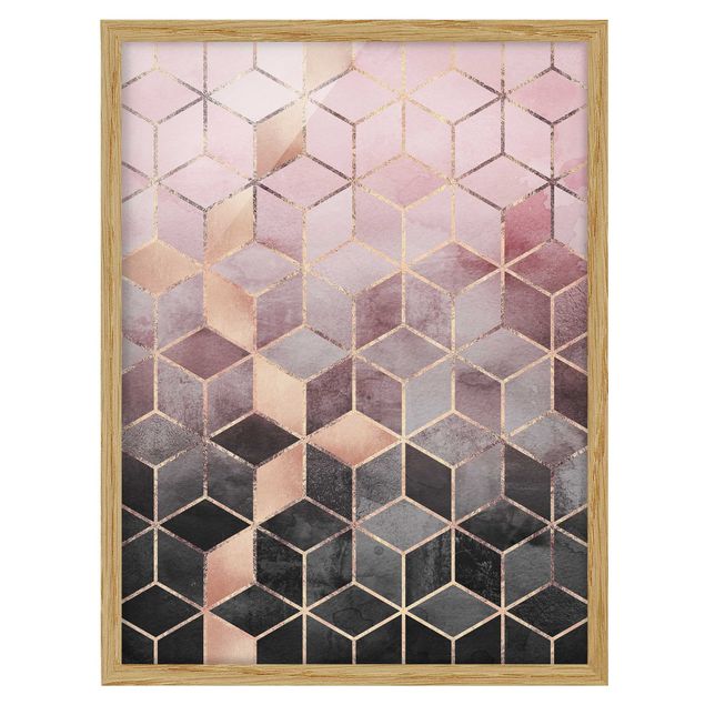Bild mit Rahmen - Rosa Grau goldene Geometrie - Hochformat 4:3