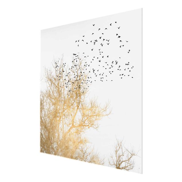 Glasbild - Vogelschwarm vor goldenem Baum - Quadrat 1:1