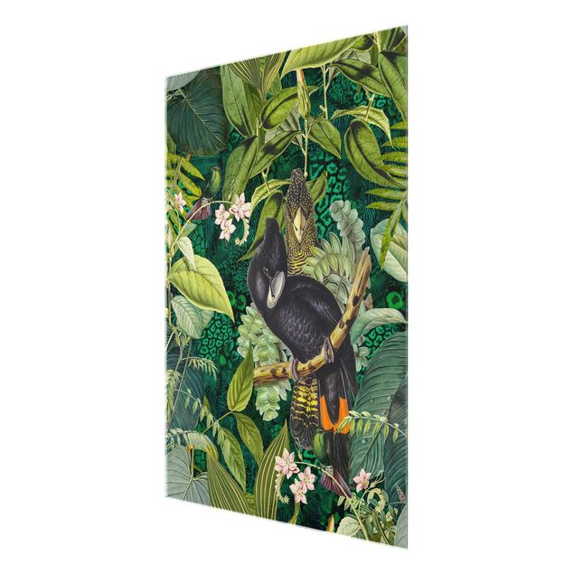 Glasbild - Bunte Collage - Kakadus im Dschungel - Hochformat 4:3