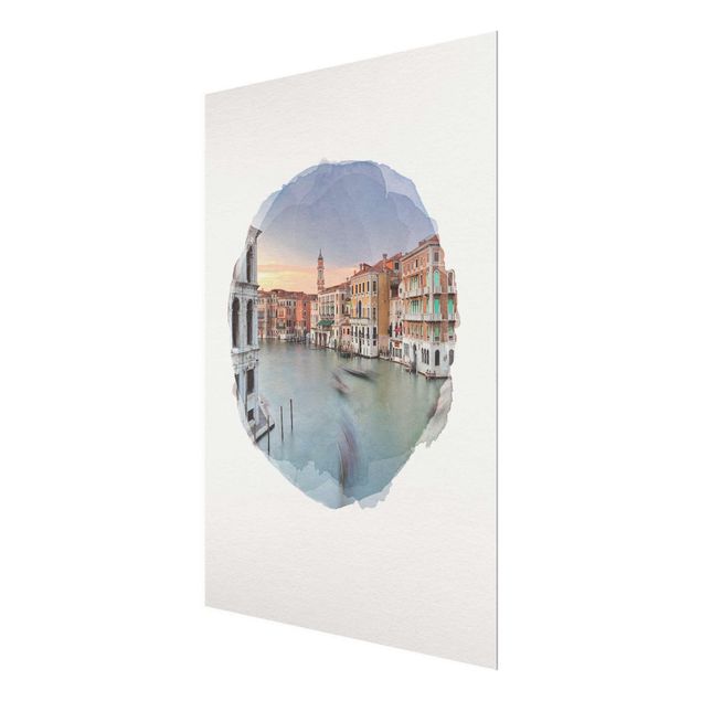 Glasbild - Wasserfarben - Canale Grande Blick von der Rialtobrücke Venedig - Hochformat 4:3