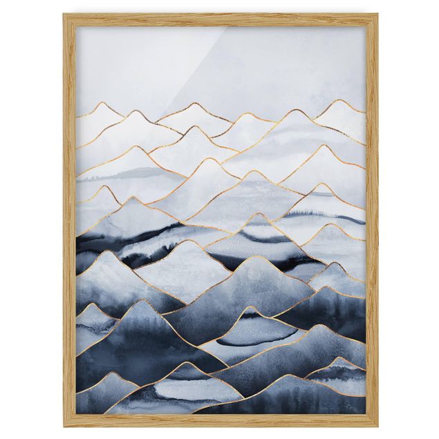 Bild mit Rahmen - Aquarell Berge Weiß Gold - Hochformat 4:3