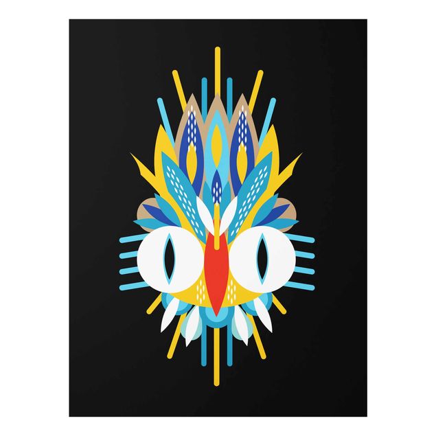 Glasbild - Collage Ethno Maske - Vogel Federn - Hochformat 4:3