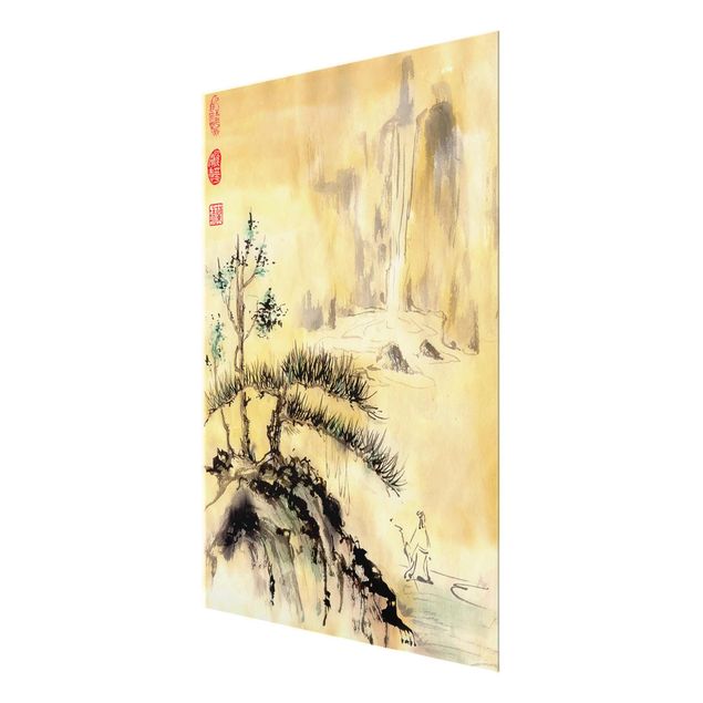 Glasbild - Japanische Aquarell Zeichnung Zedern und Berge - Hochformat 4:3