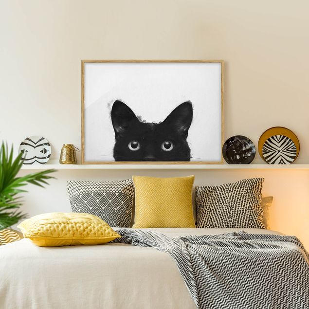 Bild mit Rahmen - Illustration Schwarze Katze auf Weiß Malerei - Querformat 3:4