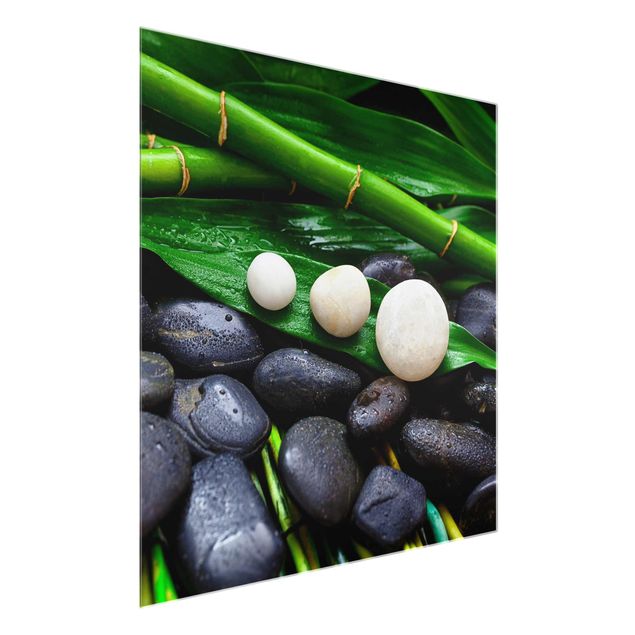 Glasbild - Grüner Bambus mit Zen Steinen - Quadrat 1:1