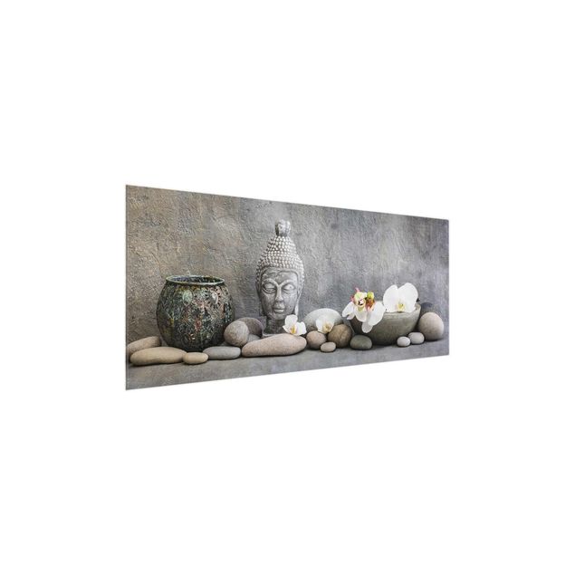 Glasbild - Zen Buddha mit weißen Orchideen - Panorama
