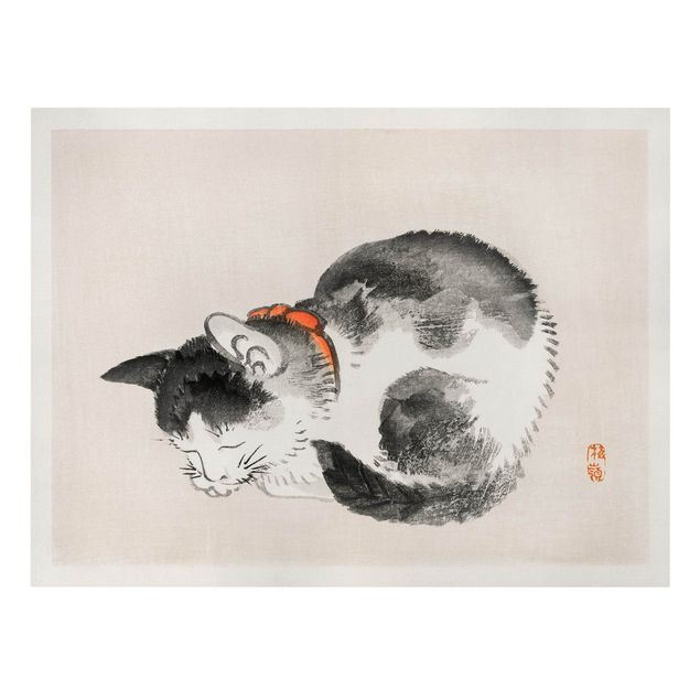 Leinwandbild - Asiatische Vintage Zeichnung Schlafende Katze - Querformat 3:4