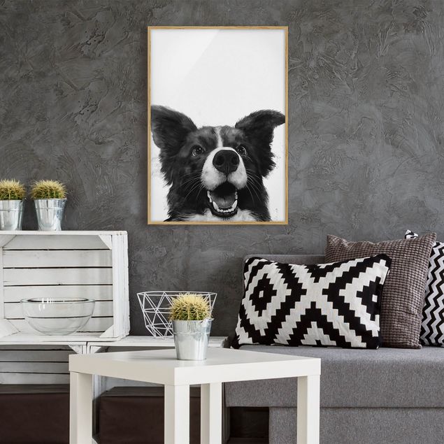 Bild mit Rahmen - Illustration Hund Border Collie Schwarz Weiß Malerei - Hochformat 4:3