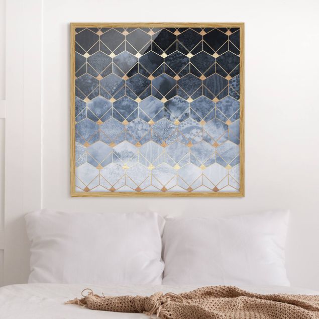 Bild mit Rahmen - Blaue Geometrie goldenes Art Deco - Quadrat 1:1